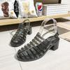 Nuevas sandalias romanas de mujer de verano, sandalias retro de tacón grueso, sandalias de cristal transparente, tacón medio, zapatos de gelatina de plástico, tacón alto, zapatos impermeables