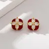 Pendientes de Trébol de Cuatro Hojas con Gota de Aceite y Circonita de Lujo Ligero a la Moda para Mujer, Pendientes Retro de Gama Alta, Pendientes de Aguja de Plata con Temperamento de Nicho