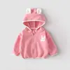 Cardigã com capuz estilo doce para primavera e outono para meninas, com tecido de fleece dupla face, bordado de coelho e design de orelhas de coelho 3D