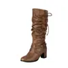 Botas de Caballero Estilo Británico Vintage con Punta Redonda, Piel Desgastada, Hebilla, Tacón Alto, Cordón, Caña Fruncida, Botas Altas para Mujer