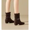 Botines Cortos Americanos para Mujer Retro Correa de Cuero Tacón Oculto Rad Botas Vaqueras de Otoño 2026 Botines Cortos Arrugas Apiladas Tacón Grueso Hebilla