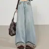 Jeans de perna larga com patchwork de estampa de leopardo estilo retrô para mulheres, adequado para primavera e outono, plus size, corte A solto, moderno, casual, calça reta