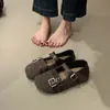 Sapatos Birkenstock de Lã Cinza com Solado Grosso Feminino 2026 Outono/Inverno Novos Sapatos de Salto Único Mary Jane Mocassins Sapatos Peludos