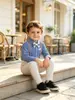 Traje Formal para Niños, Conjunto Formal para Niños, Camisa Azul con Corbata de Moño y Peto, Ropa Infantil para Bodas, Cumpleaños y Fiestas