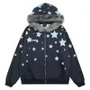Cárdigan azul marino con estampado de estrellas, cuello y capucha de pelo, chaqueta unisex retro dulce y genial con cremallera holgada para pareja
