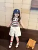Traje para Niña 2025 Nuevo Verano Estilo Universitario Infantil Chaleco de Punto Rayas Cuello Polo Top Shorts Casuales