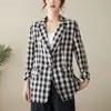 Jaqueta Xadrez Artística Retrô de Algodão e Linho Outono 2026 para Mulheres, Blazer Casual Versátil Emagrecedor Top Curto Tendência