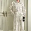Conjunto Coreano Ins Estilo Francés Vintage Exquisito Bordado Encaje de Ganchillo Camisa + Falda de Cintura Alta con Volantes para Otoño
