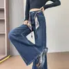 Calça Jeans Azul Retrô para Mulheres, Novo Estilo Outono e Inverno, Cintura Alta, Elástica, Perna Larga, Alta Qualidade, Forrada com Fleece, Jeans Grosso de Perna Reta 8573