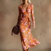 Vestido Transfronteiriço Novo Estilo com Decote em V e Mangas Longas com Elementos de Impressão Digital 3D, Saia Fashion e Personalizada para Marcar a Cintura Feminina