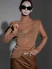 Camisa Básica de Malha com Glitter Fino para Mulheres, Camisa de Gaze para Primavera e Outono, Camisa Interna Sexy com Recortes, Top de Renda de Manga Longa de Gola Alta