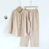 Distribuído e enviado em nome de terceiros: Roupa de casa feminina de crepe de algodão puro para primavera e outono, com gola de lapela, mangas compridas, calças compridas, pijama solto e confortável para casa