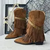 Botas de Cowboy Ocidentais Bico Fino Salto Grosso Cano Curto Estilo Wasteland Britânico Franjas Retro Fivela Rebites Maillard