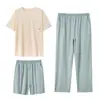 Pijama de Mujer de Tres Piezas Cuello Redondo Pulóver Modelo Algodón Verano Delgado Transpirable Manga Corta Pantalones Cortos Pijama MO