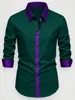 Camisa Casual de Lujo para Negocios de Color Claro, Tela Anti-Arrugas sin Planchar, Cuello de Color Contrastante, Manga Larga con Empalme de Patrón Oscuro Cruzado