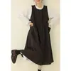 Vestido Chaleco de Algodón y Lino con Rayas Verticales Florales Retro Nuevo Otoño e Invierno 2025 para Mujer, Holgado y Versátil, Casual, con Capas, Falda Larga