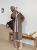 Vestido de Punto Patchwork de Encaje con Cuello Azul Marino 2025 Otoño e Invierno Nuevo Estilo Coreano Suéter Pulóver Largo Holgado para Mujer Tendencia