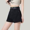 Novos Shorts Jeans Estilo Ins de Menina Quente para Mulheres Design Floral Preto Poá Reto Linha A Versátil Perna Larga Hot Pants