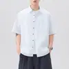 Camisa de algodão e linho estilo retrô japonês de manga curta para homens, marca americana moderna, camisa de manga média com corte solto