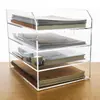 Bandeja organizadora de mesa personalizada em acrílico transparente com dupla camada e alça, ideal para uso no escritório.