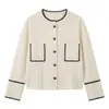 Cardigan de Tricô Clássico Nanyou de Tweed de Alta Qualidade com Costura em Cor Contrastante 2026 Outono Novo Suéter de Lã Elegante