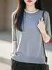 Top de punto versátil, simple y elegante para mujer, de color liso, cuello redondo, manga corta, transpirable, ajuste ceñido, para verano