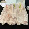 Pijama Ins Estilo Coreano Lindo Bordado de Flores Pequeñas para Mujer, Pantalones de Algodón Nube Fresca con Cuello Cuadrado de Manga Larga que Se Pueden Usar Fuera del Conjunto