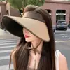 Sombrero de ala ancha con protección solar tipo chal para mujer, protección de verano, sombrero de sol de paja tejido con parte superior vacía, plegable