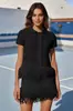 Ropa Europea y Americana para Mujer Transfronteriza Aliexpress Ins Conjunto de Chaqueta de Punto de Manga Corta con Borlas + Minifalda de Cintura Alta