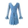 Vestido Azul Floral Fresco con Cuello en V para Mujer 2025 Otoño Delgado Estilo Vacacional Vestido de Cintura de Manga Larga