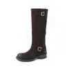 Botas apiladas con hebilla de cinturón de estilo casual, gamuza de vaca completa, invierno 2026, tacón medio grueso, punta redonda, botas de cuero genuino hasta la pantorrilla para mujer, talla 41