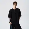 Nasa sobre Estilo Old Money Cuello Henry Manga Corta Tejida para Hombre Verano Alta Gama Holgada Texturizada Camiseta Cuello en V Media Manga