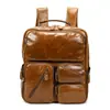 Mochila de Computadora Simple de Cuero Genuino para Negocios Mochila de Alta Gama con Múltiples Bolsillos de Cuero con Cera de Aceite Gran Capacidad para Hombres Bolso Escolar Moderno