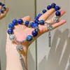 Pulsera Retro con Borlas de Lapis Lapis Natural de Grano Grande de 12 mm