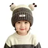 Gorro de punto de dos pompones con bloques de color de panda para niños, otoño e invierno, unisex, gorro de lana con bloques de color para bebé, lindo pompón, cálido para bebés