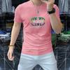Moda Europeia Masculina Camiseta de Manga Curta Camisa de Gola Redonda Confortável Respirável Algodão Mercerizado Masculino Meia Manga Gola Alta Perfuração Quente Letras