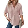 Top de punto gofre de manga corta para mujer Cross-Border 2026 Sudadera ligera con cordón Camisa de botones con cuello en V