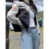 Chamarra Americana Estilo Hong Kong para Mujer Primavera 2025 Nuevo Contraste Blanco y Negro Top Holgado Cintura Alta Uniforme de Béisbol Motocicleta Ins