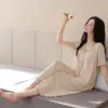 Sensação de Pele de Tencel Algodão Lyocell Saia Longa Verão Estilo Coreano Estilo Suave Color Blocking Borda Ondulada Manga Curta Camisola Feminina