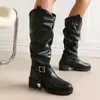 Modelo de comercio exterior transfronterizo otoño/invierno 2026 estilo europeo y americano, botas de mujer de punta redonda, tallas 40-45, con hebilla de cinturón, botas de montar sin cordones, botas altas