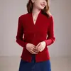 Nuevo Suéter de Punto para Mujer con Cuello en V Ajustado Rayado de Punto Cuello Cruzado Color Sólido Prendas de Punto Base 100% Cachemir