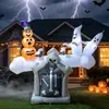 Modelo de Lápida Inflable de Halloween con Calabaza y Fantasma Jugando al Balancín, Adorno con Luz LED para Decoración de Patio y Césped