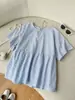 Camisa Casual de Manga Curta Listrada Azul Tecida de Verão Feminina da Amazon Transfronteiriça Europeia e Americana Camisa Casual Fofa