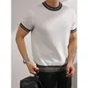Nueva camisa de punto de manga corta de verano para hombre, con bloques de color y rayas de seda helada, transpirable, corte ajustado, estilo de negocios, versión coreana, venta al por mayor transfronteriza