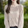 Top de Verano Cruzado de Lino sin Hombros Calado Tejido con Patrón de Diamantes Holgado de Manga Larga para Mujer, Camisa Elegante y Fresca Protectora del Sol