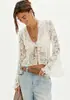 Camisa Sexy de Encaje con Cuello en V Estilo Europeo y Americano para Mujer, Cárdigan de Manga Larga Acampanada, Top de Gasa, Estilo Pura Pasión