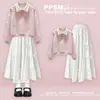 Conjunto de Duas Peças para Meninas - Estilo Novo Primavera e Outono - Crianças Médias e Grandes - Doce Fofo Laço Gola Polo Moletom Saia Fashion