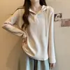 Moletom Pulôver Plus Size Outono/Inverno com Capuz e Cordão, Gola com Pequenos Botões, Manga Longa Soltinho e Emagrecedor