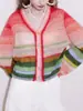 Nuevo Cardigan de Lana para Mujer Otoño e Invierno 2024, Nicho Chic, Cuello en V, Contraste de Color Arcoíris, Retro Chic, Manga de Farol de Gama Alta