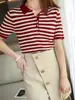 Camiseta de algodão puro com manga curta e gola de lapela, estilo coreano, design simples de verão, top de malha listrado com cinco botões, top feminino estiloso